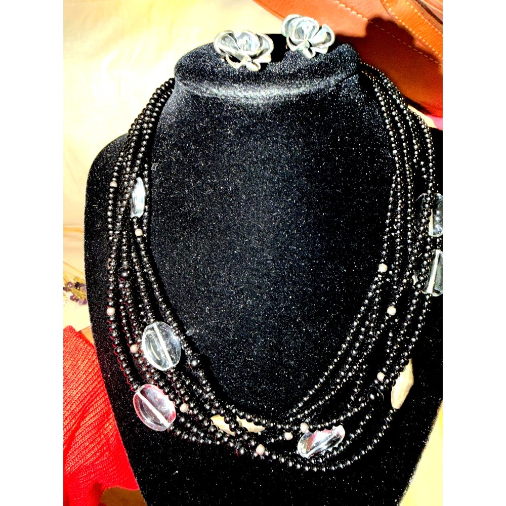 Retired Silpada Sterling Silv Black Chalcedony Beads Multi Strand Necklace N1973